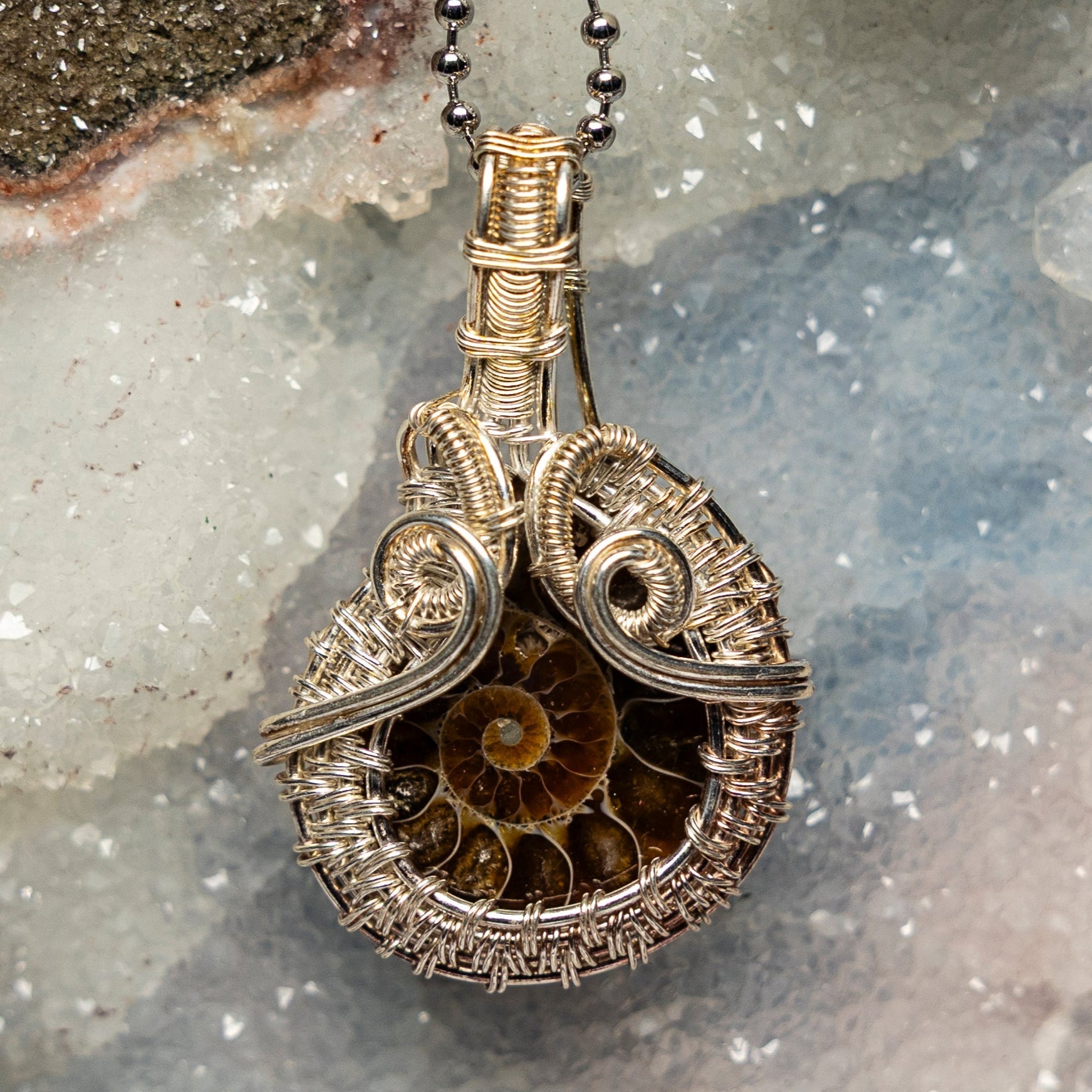Ammonite Fossil Wire Wrap Crystal Pendant - SJB-DIAMOND ELITES