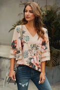 Apricot 3/4 Flared Sleeve Floral Chiffon Blouse – Stylish & Breathable - SJB-DIAMOND ELITES