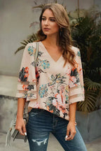 Apricot 3/4 Flared Sleeve Floral Chiffon Blouse – Stylish & Breathable - SJB-DIAMOND ELITES