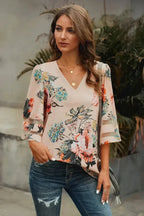 Apricot 3/4 Flared Sleeve Floral Chiffon Blouse – Stylish & Breathable - SJB-DIAMOND ELITES