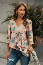 Apricot 3/4 Flared Sleeve Floral Chiffon Blouse – Stylish & Breathable - SJB-DIAMOND ELITES