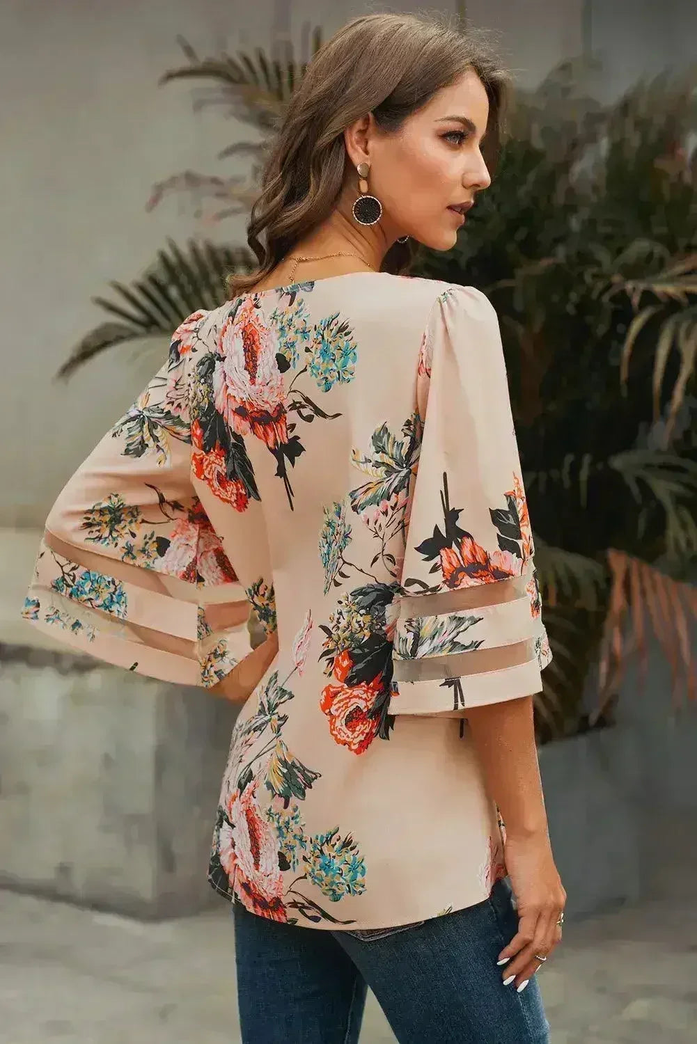 Apricot 3/4 Flared Sleeve Floral Chiffon Blouse – Stylish & Breathable - SJB-DIAMOND ELITES