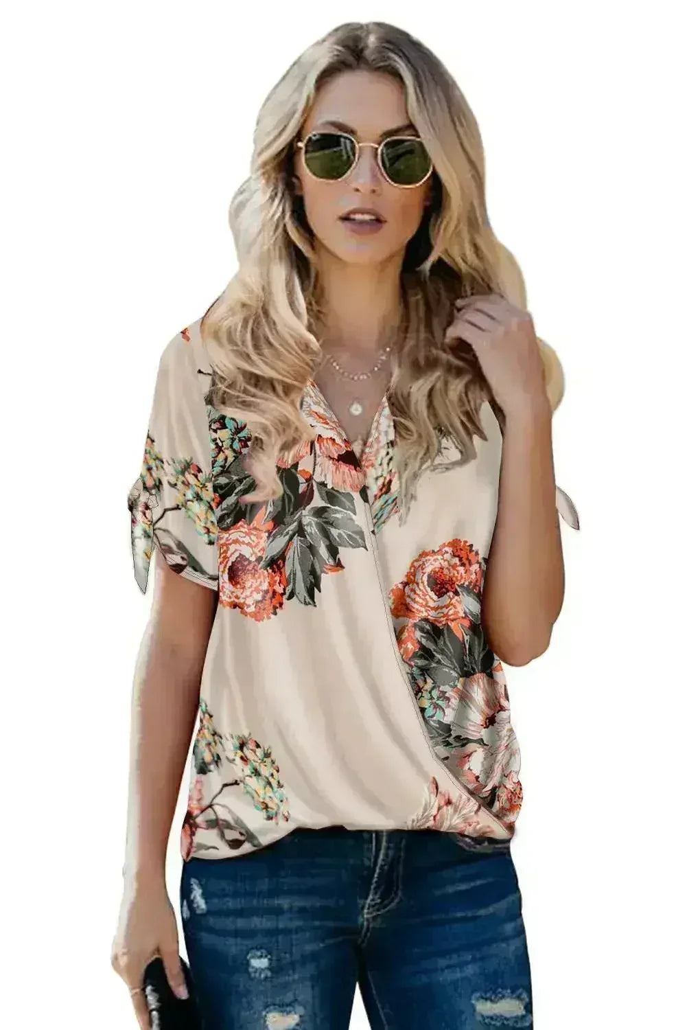 Apricot Floral Twist Short Sleeve Blouse Women’s Top | Femstylo - SJB-DIAMOND ELITES