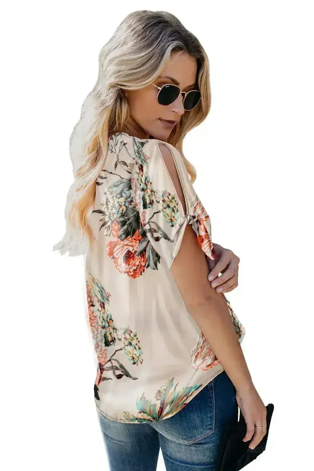 Apricot Floral Twist Short Sleeve Blouse Women’s Top | Femstylo - SJB-DIAMOND ELITES