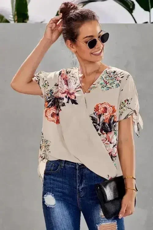 Apricot Floral Twist Short Sleeve Blouse Women’s Top | Femstylo - SJB-DIAMOND ELITES