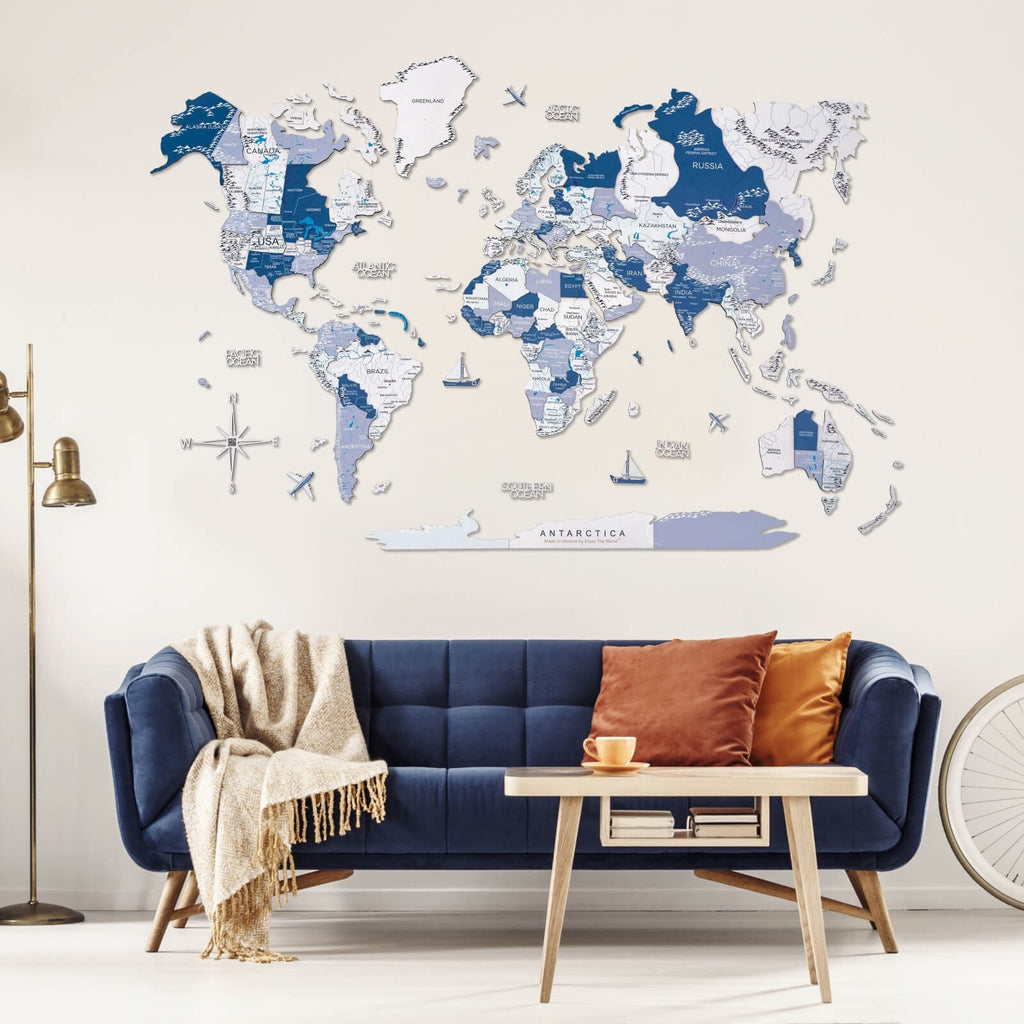 3D Wooden World Map Aqua Enjoy The Wood