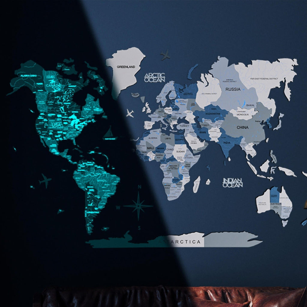 3D Luminous/Magnetic Colored Wooden World Map Aqua Enjoy The Wood