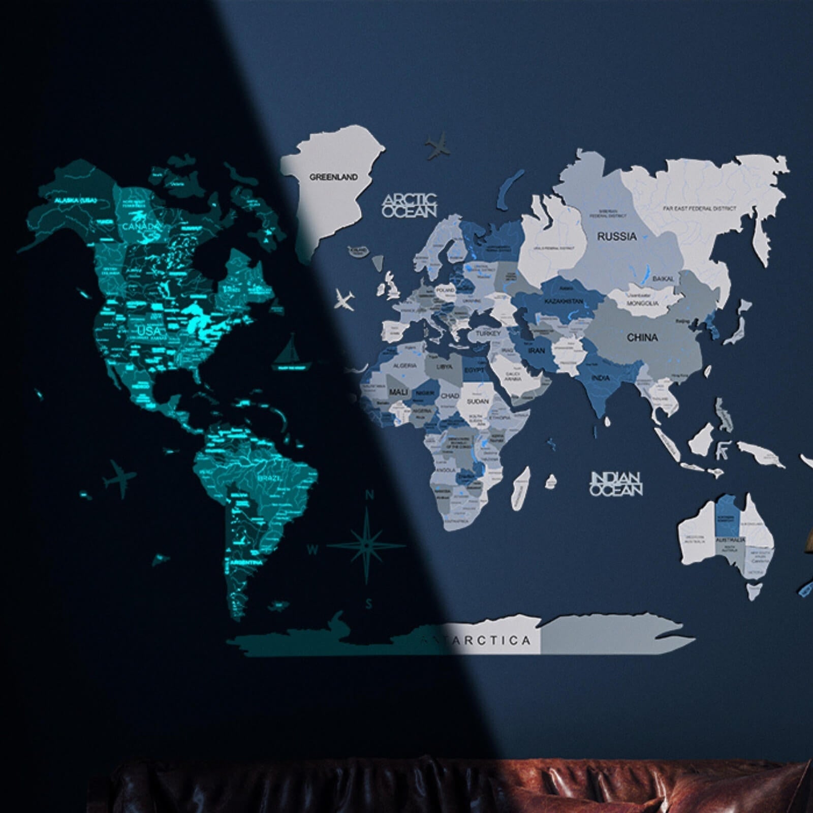3D Luminous/Magnetic Colored Wooden World Map Aqua Enjoy The Wood