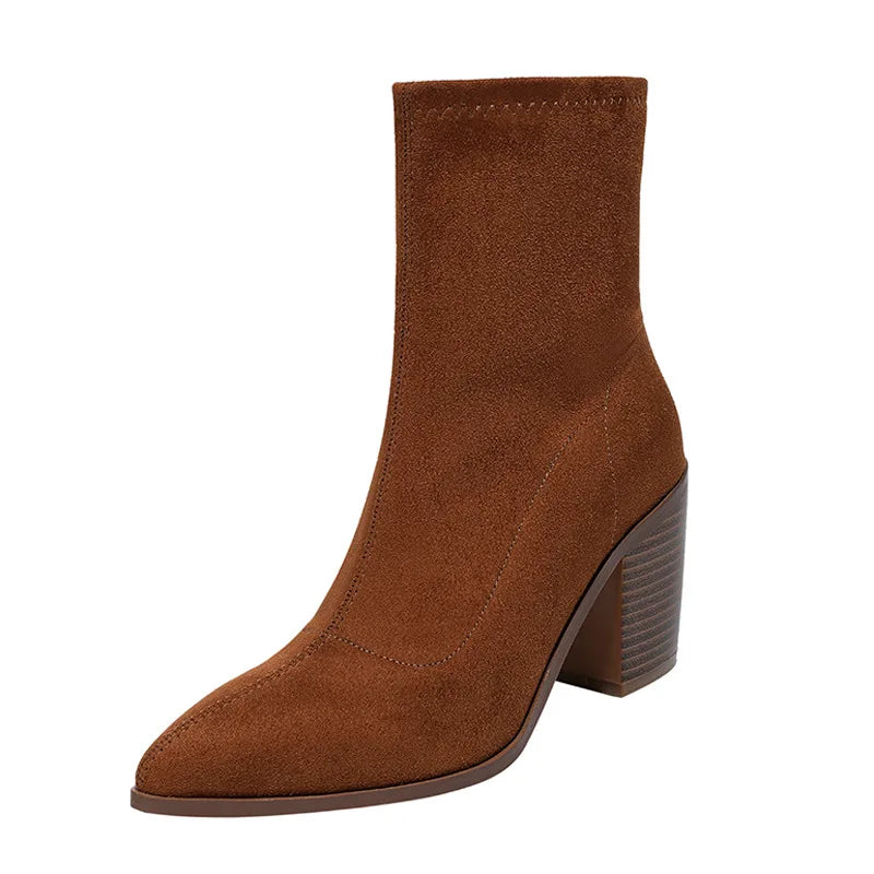 Autumn Women Modern Boots Office Lady Faux Suede Mid-calf Botas Woman Slip-on Pointed Toe Short Booties - SJB-DIAMOND ELITES