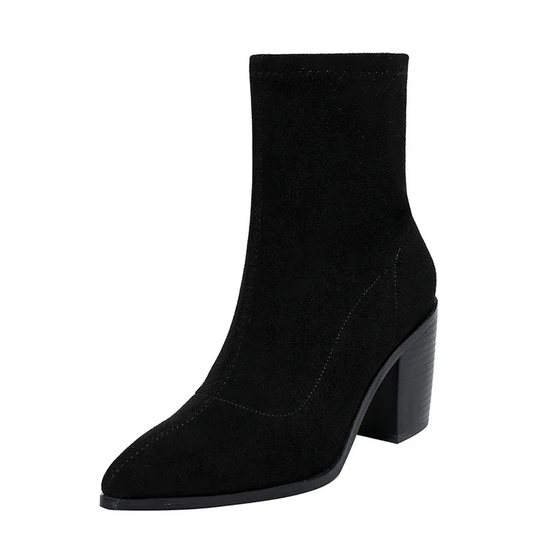 Autumn Women Modern Boots Office Lady Faux Suede Mid-calf Botas Woman Slip-on Pointed Toe Short Booties - SJB-DIAMOND ELITES