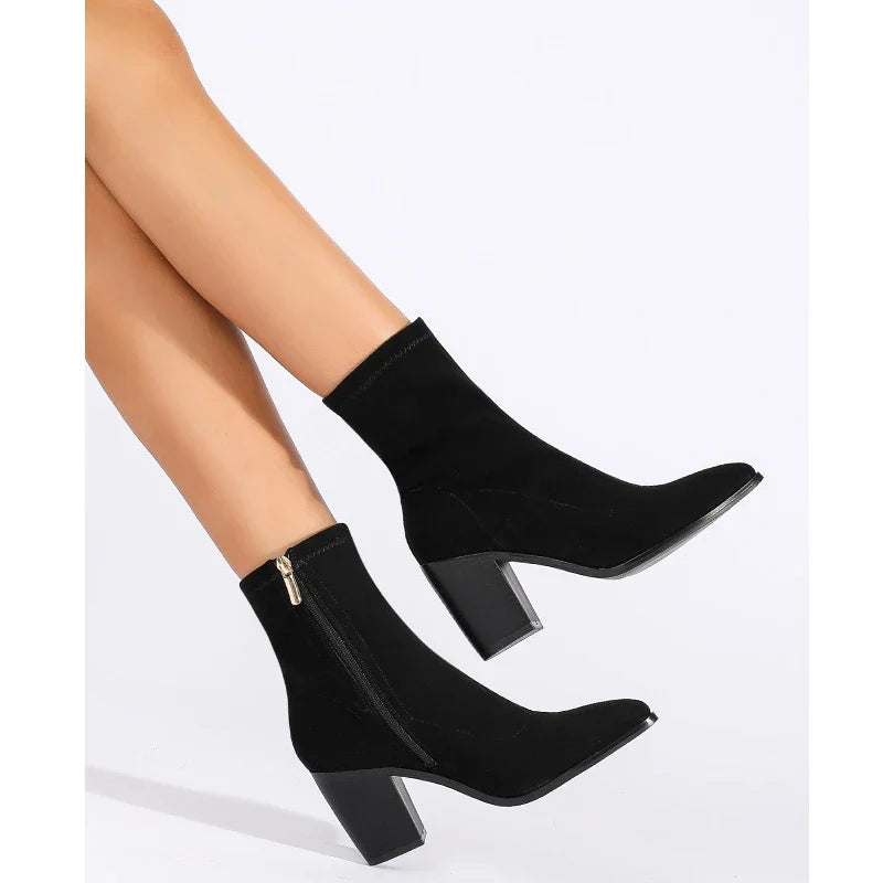 Autumn Women Modern Boots Office Lady Faux Suede Mid-calf Botas Woman Slip-on Pointed Toe Short Booties - SJB-DIAMOND ELITES