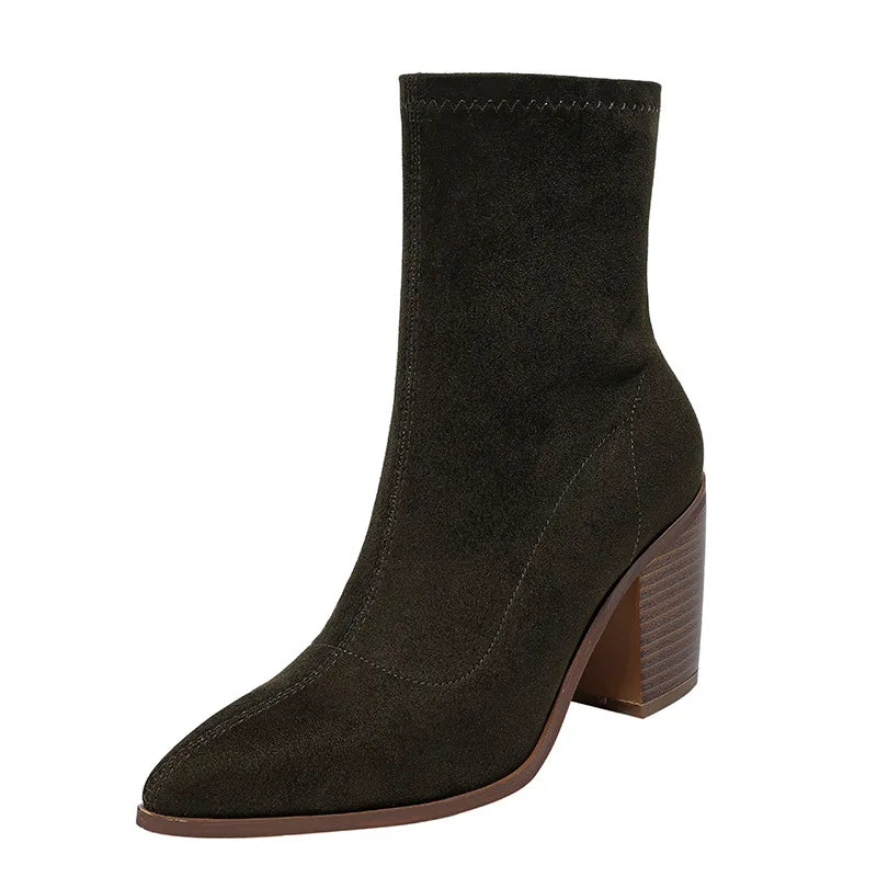 Autumn Women Modern Boots Office Lady Faux Suede Mid-calf Botas Woman Slip-on Pointed Toe Short Booties - SJB-DIAMOND ELITES