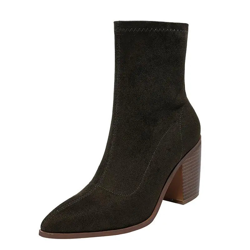 Autumn Women Modern Boots Office Lady Faux Suede Mid-calf Botas Woman Slip-on Pointed Toe Short Booties - SJB-DIAMOND ELITES