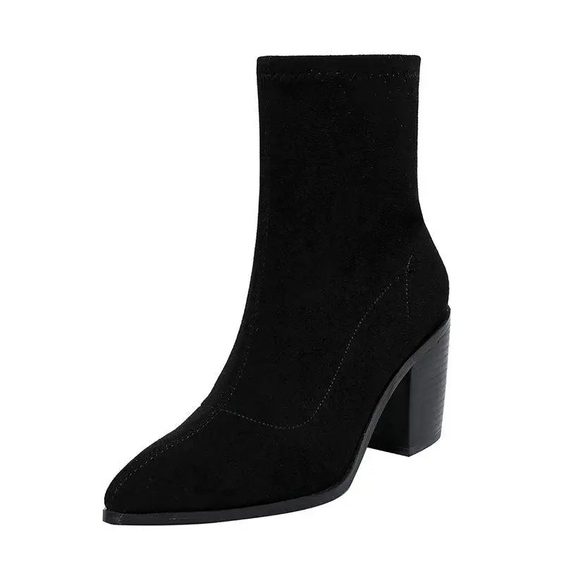 Autumn Women Modern Boots Office Lady Faux Suede Mid-calf Botas Woman Slip-on Pointed Toe Short Booties - SJB-DIAMOND ELITES