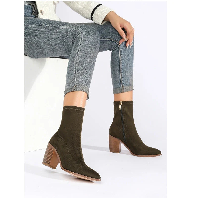 Autumn Women Modern Boots Office Lady Faux Suede Mid-calf Botas Woman Slip-on Pointed Toe Short Booties - SJB-DIAMOND ELITES