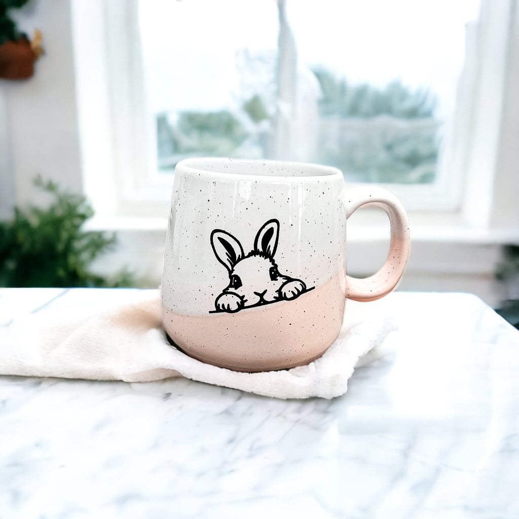 Farmhouse Ceramic Bunny Mug Hand-Painted Ivory With Pastel Pink Base, 12 Oz BandsCo Straps