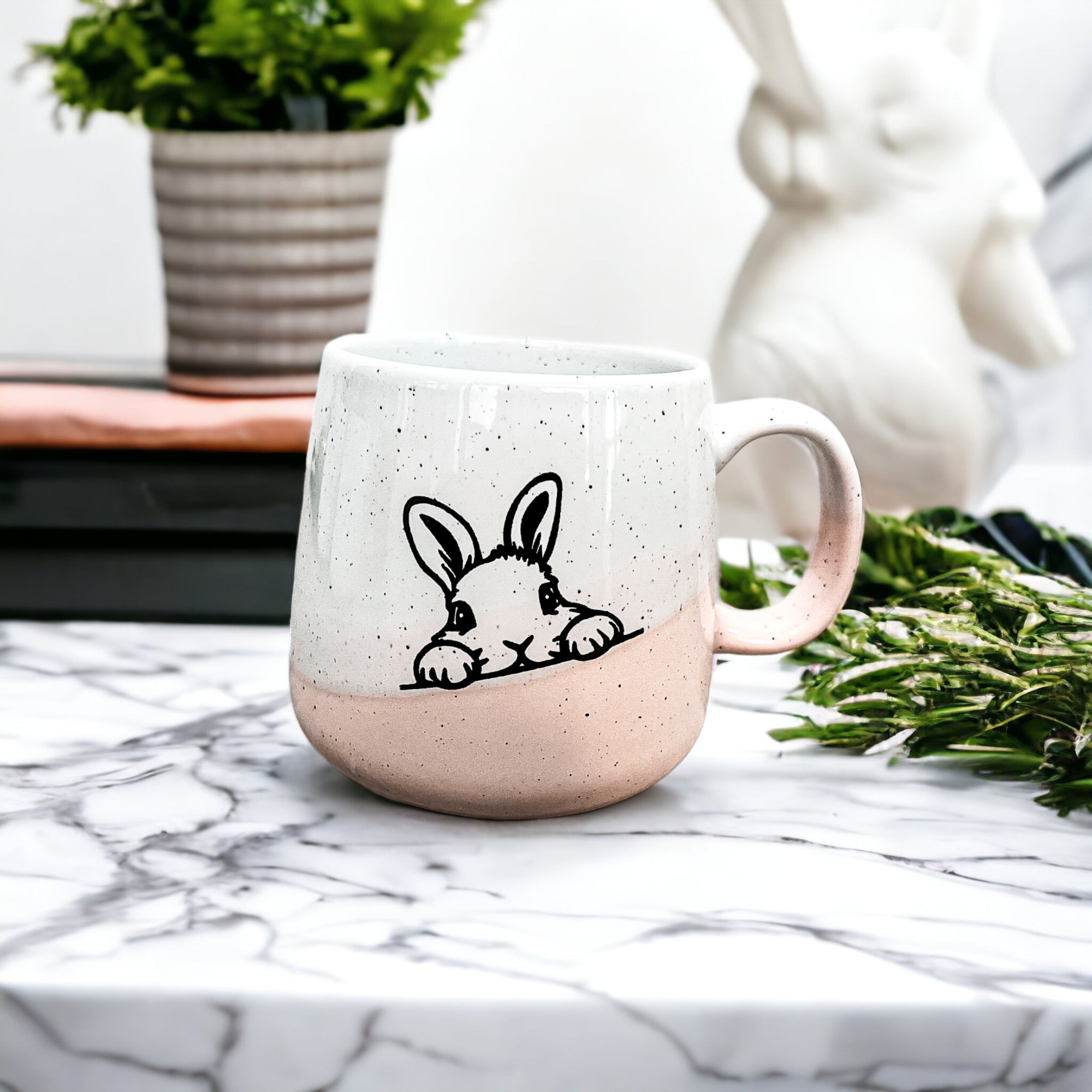 Farmhouse Ceramic Bunny Mug Hand-Painted Ivory With Pastel Pink Base, 12 Oz BandsCo Straps