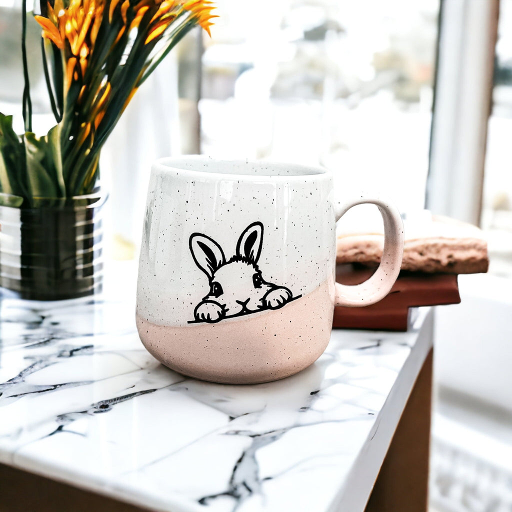 Farmhouse Ceramic Bunny Mug Hand-Painted Ivory With Pastel Pink Base, 12 Oz BandsCo Straps