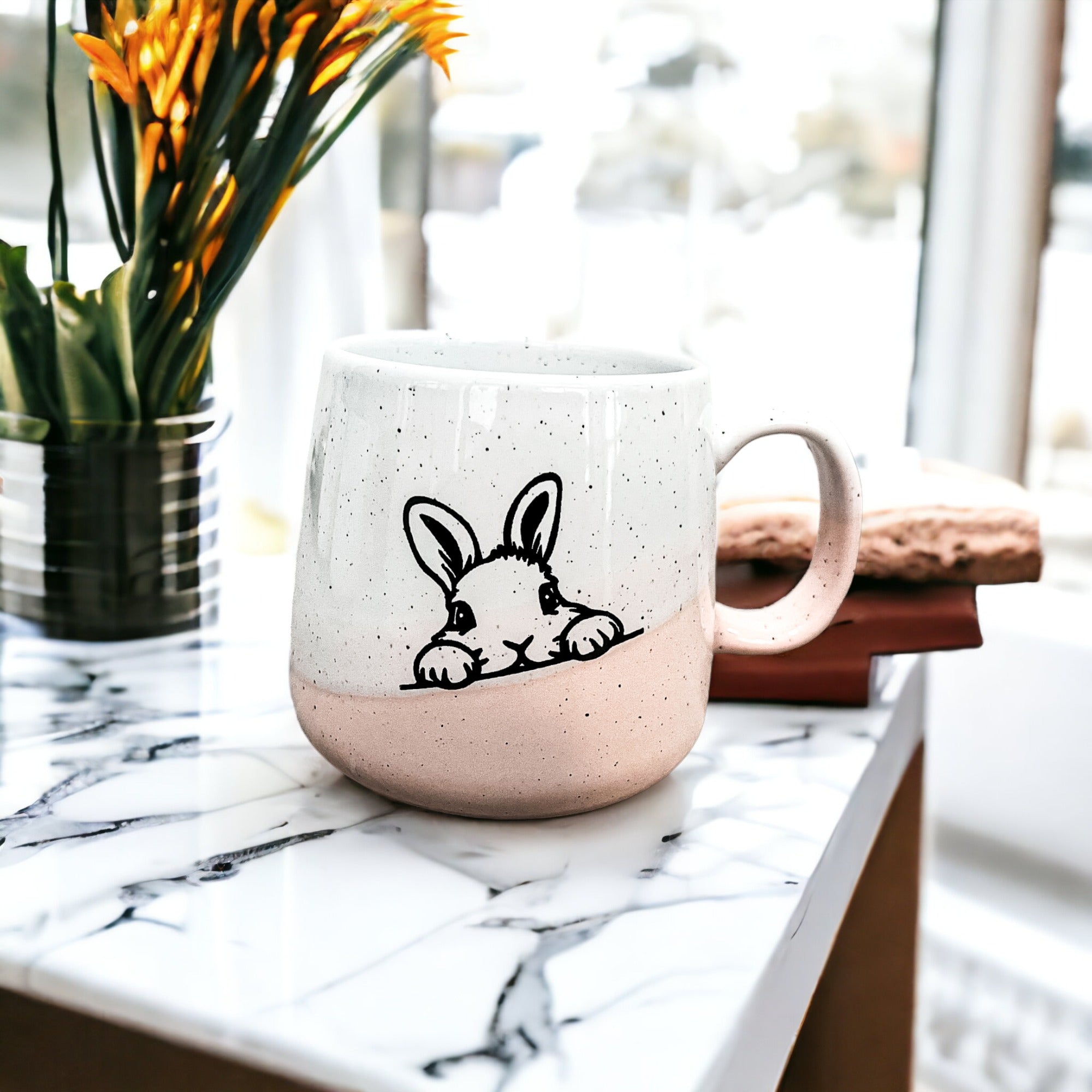 Farmhouse Ceramic Bunny Mug Hand-Painted Ivory With Pastel Pink Base, 12 Oz BandsCo Straps