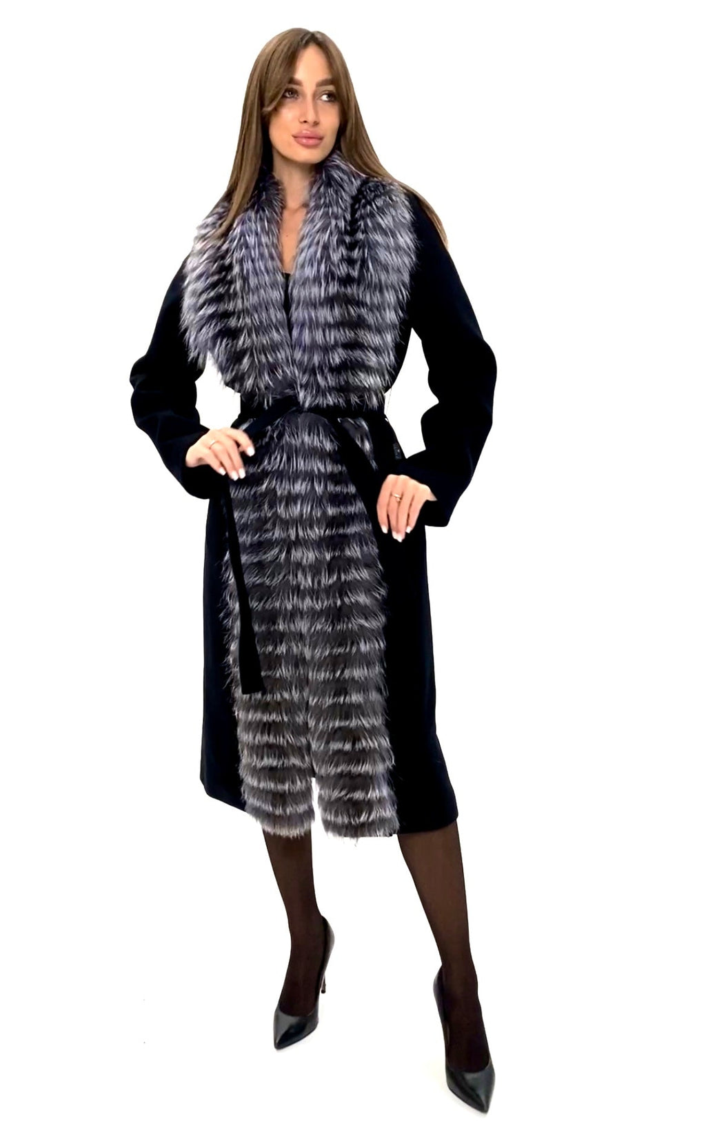 Genuine Silver Fox Virgin Wool Wrap Coat in Black - SJB-DIAMOND ELITES
