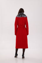 Genuine Silver Fox Virgin Wool Wrap Coat in Red - SJB-DIAMOND ELITES