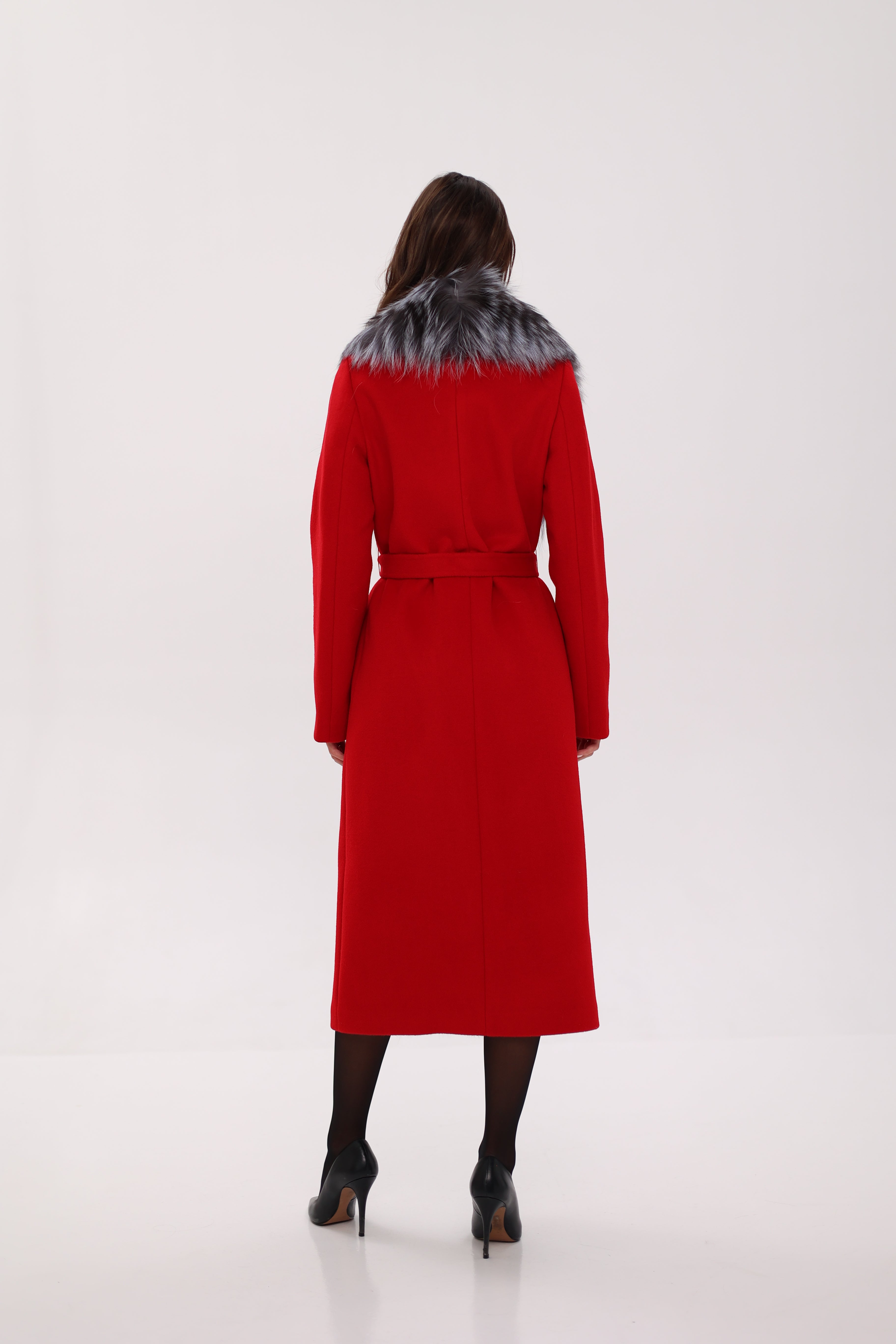 Genuine Silver Fox Virgin Wool Wrap Coat in Red - SJB-DIAMOND ELITES