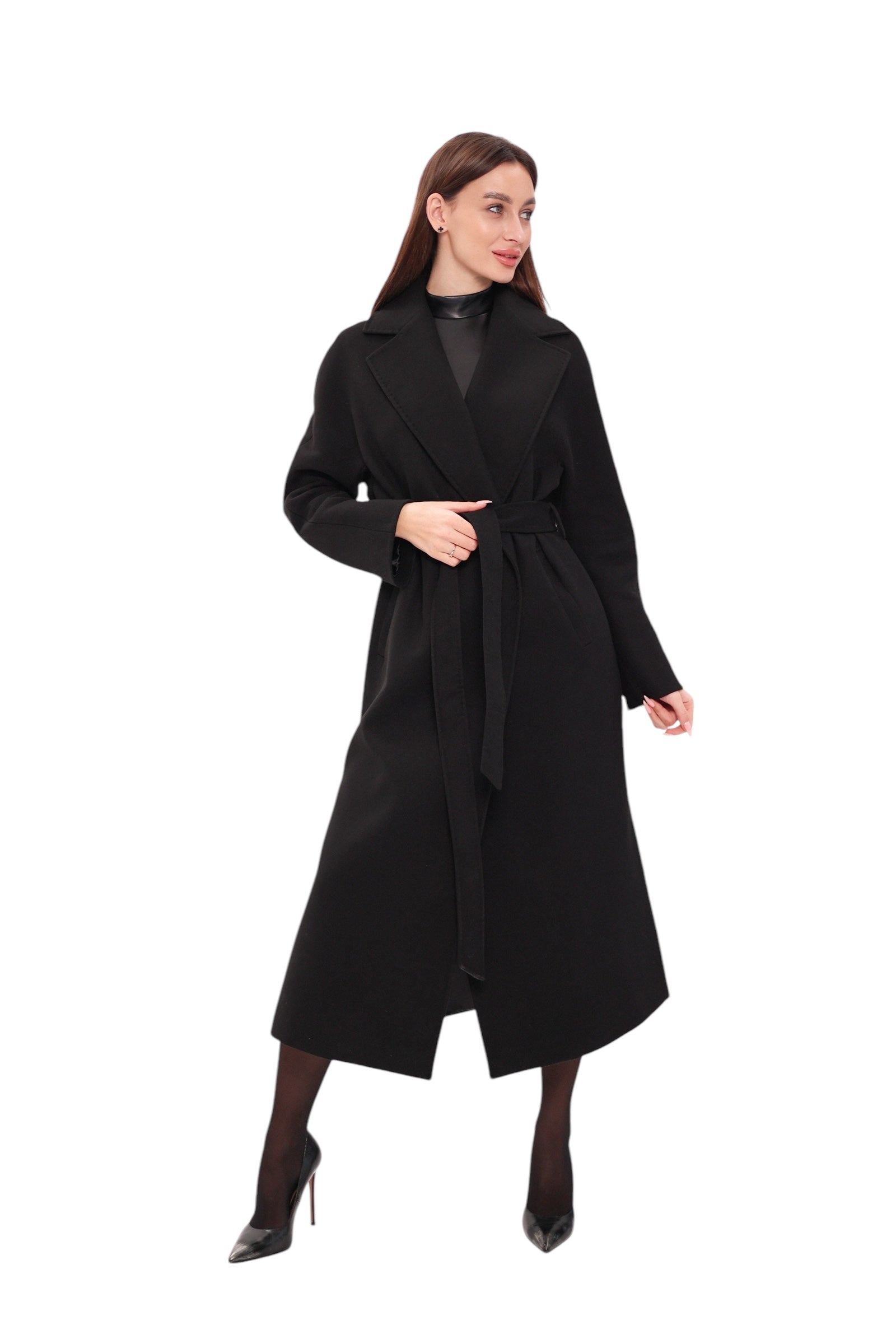 Pre-Order. Re-Stock Ships February 2026. Cambridge Comfort Wraparound Wool Cashmere Coat in Black