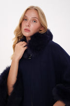 Genuine Polar Fox Fur Cashmere Blend Poncho in True Navy - SJB-DIAMOND ELITES