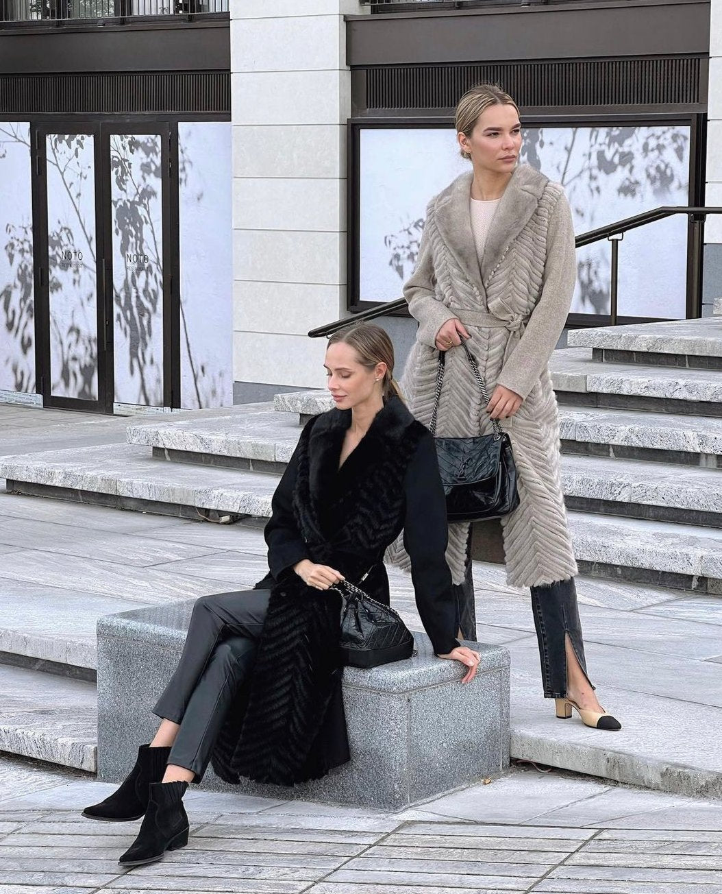 Genuine Mink Fur Rex Fur Trim Virgin Wool Coat in Beige - SJB-DIAMOND ELITES