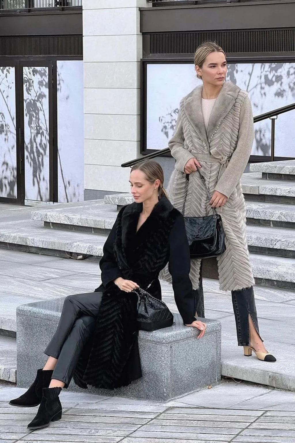 Genuine Mink Fur Rex Fur Trim Virgin Wool Coat in Beige - SJB-DIAMOND ELITES