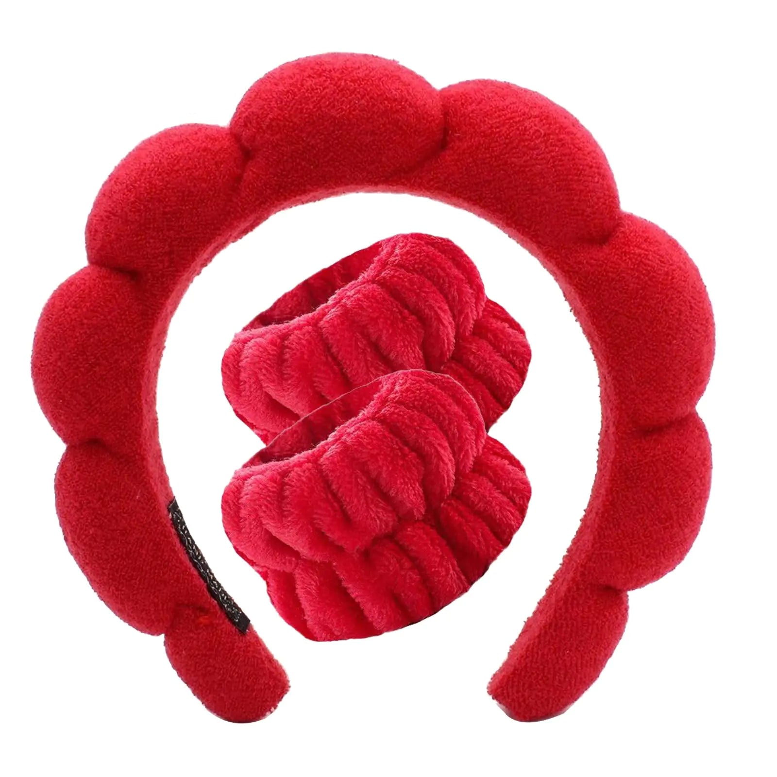 VNIHTT Red Bubble Headband for Washing Face Makeup headbandSponge Spa Skincare HeadbandsSoft Fluffy Hairband for Women Girls with Wrist Towels for Wash Face