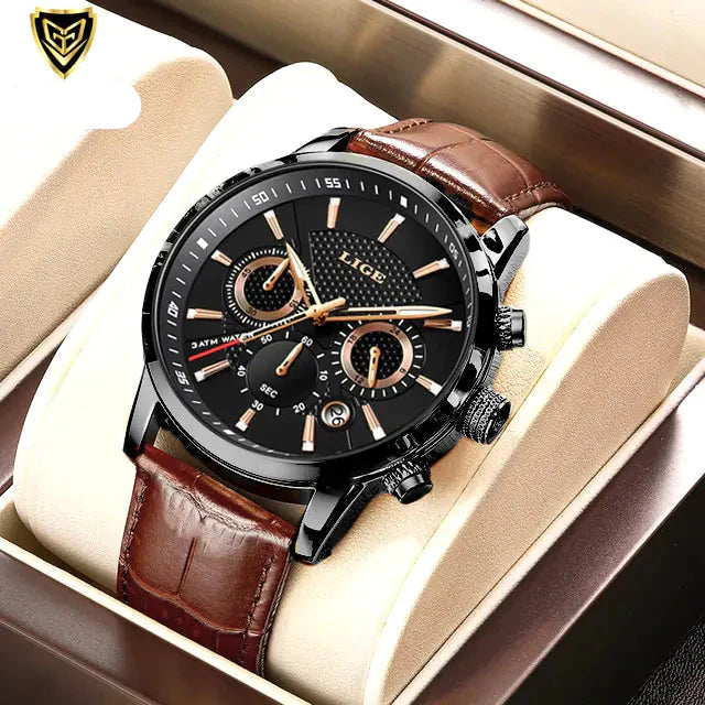 Mens Watches LIGE Top Brand Luxury Leather Casual Quartz