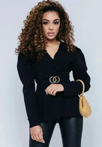 Black Puff Shoulder Back Knot Belted Blouse - SJB-DIAMOND ELITES