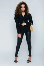Black Puff Shoulder Back Knot Belted Blouse - SJB-DIAMOND ELITES
