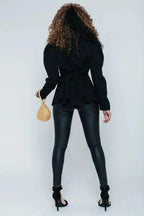 Black Puff Shoulder Back Knot Belted Blouse - SJB-DIAMOND ELITES