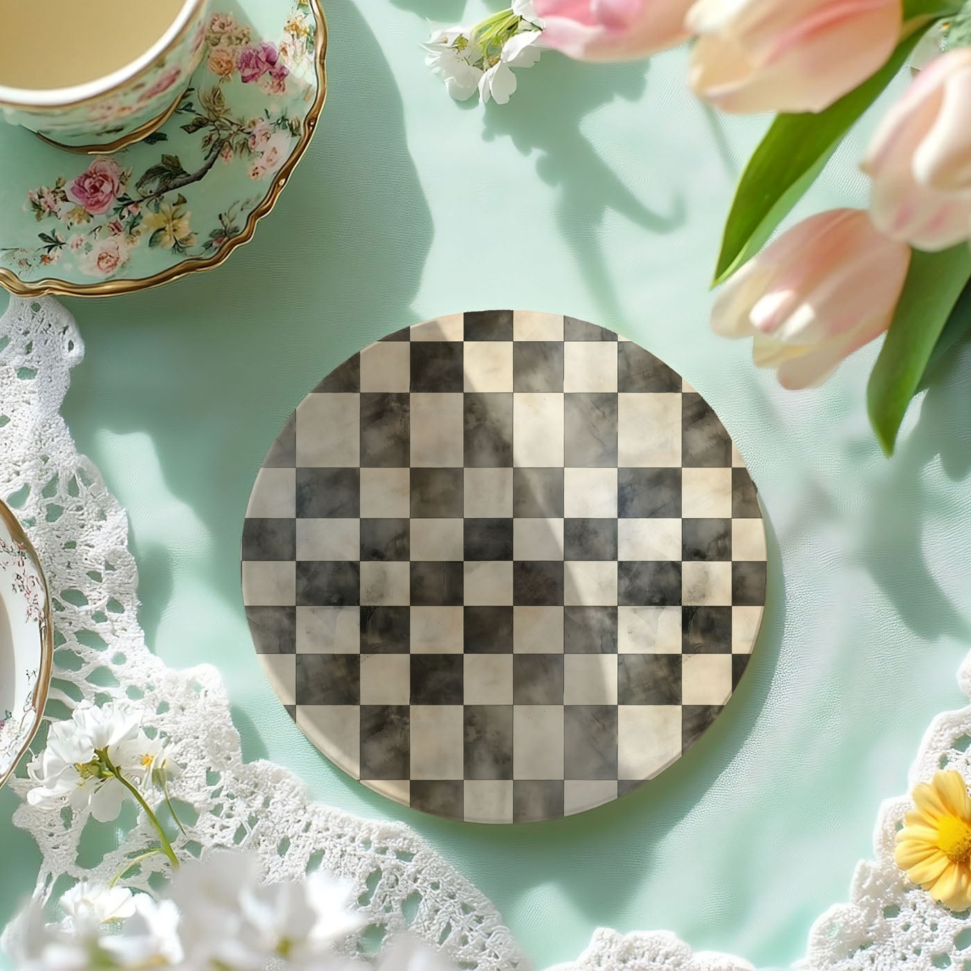 Spring Ceramic Coasters Set of 4 Courtly Check Designs Absorbent Drink Coasters for Table Protection BandsCo Straps