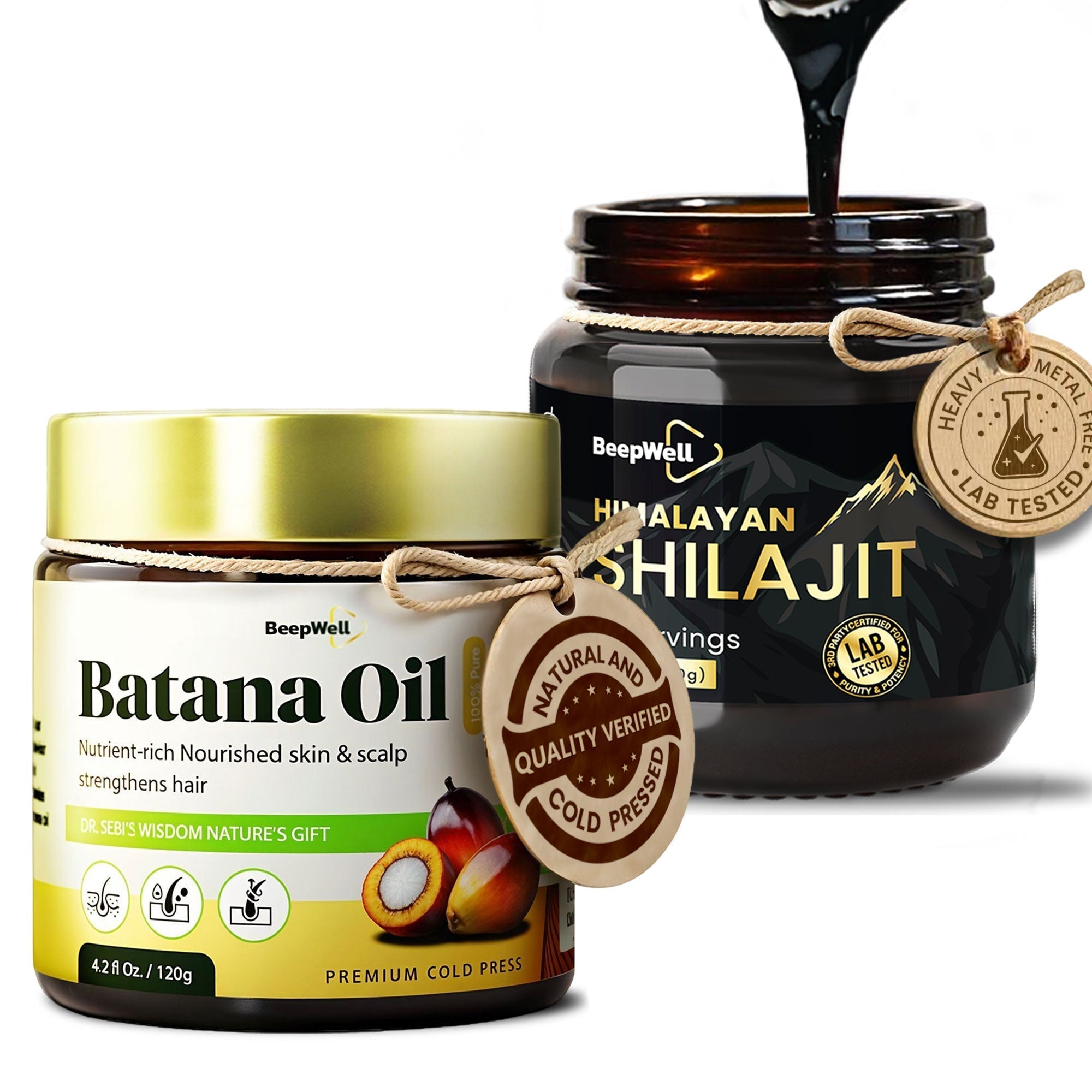 BeepWell Self-Care Set – Batana Hair Oil (4.2 fl oz) + Himalayan Shilajit Resin (1.4 oz) – Clean Ingredients for Hair & Wellness Routine Lootquake LLC