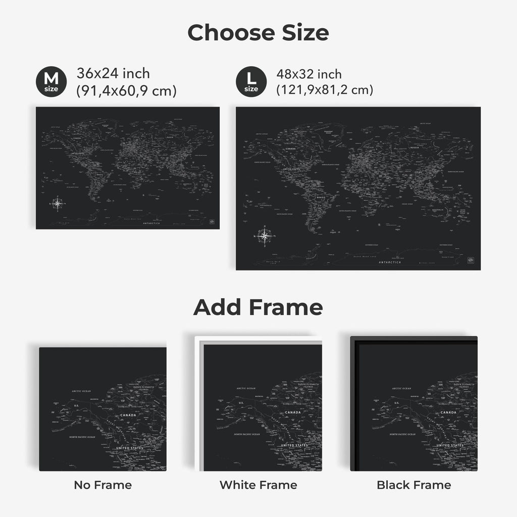 World Map on Canvas - Black - SJB-DIAMOND ELITES