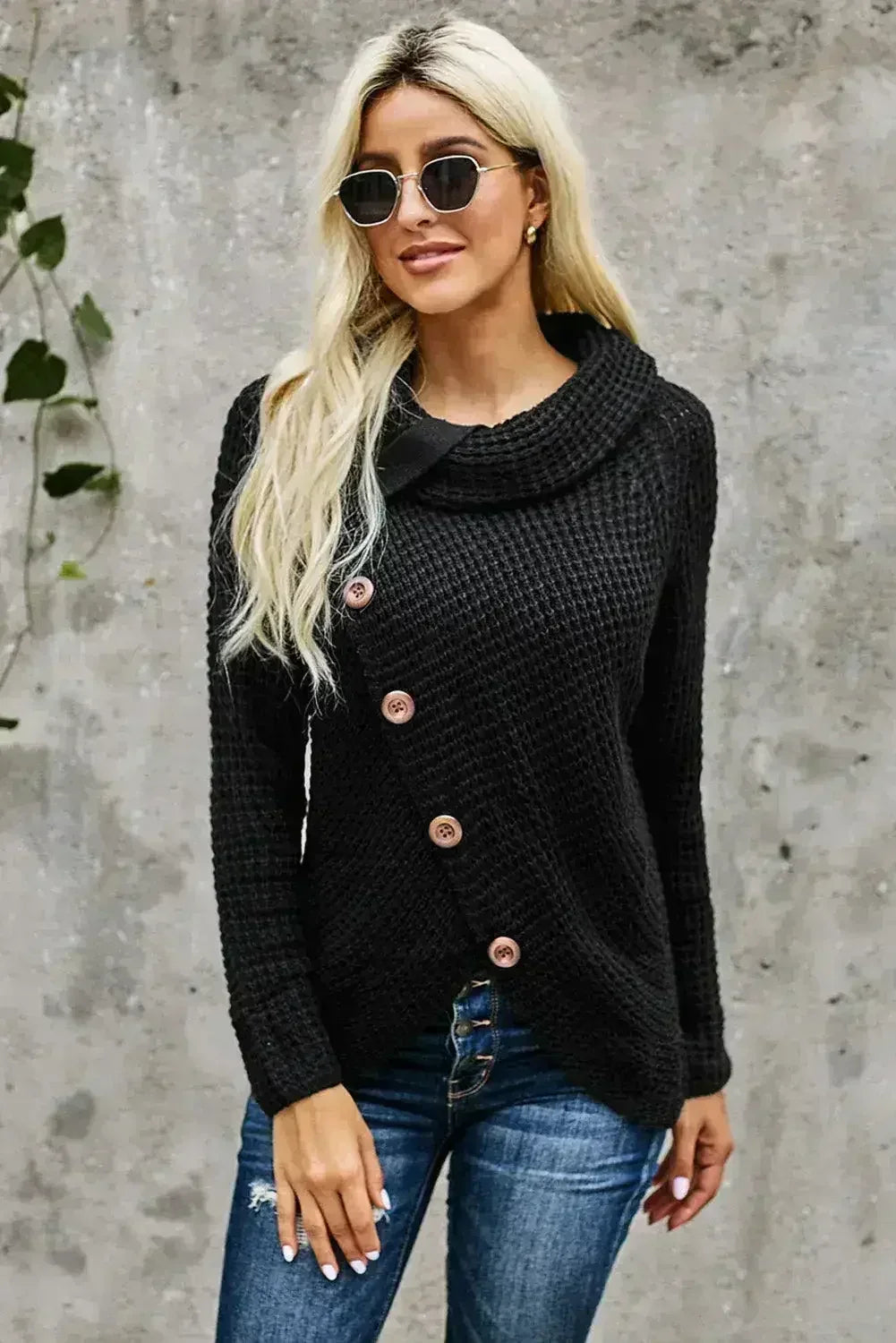 Black Buttoned Wrap Turtleneck Sweater - SJB-DIAMOND ELITES