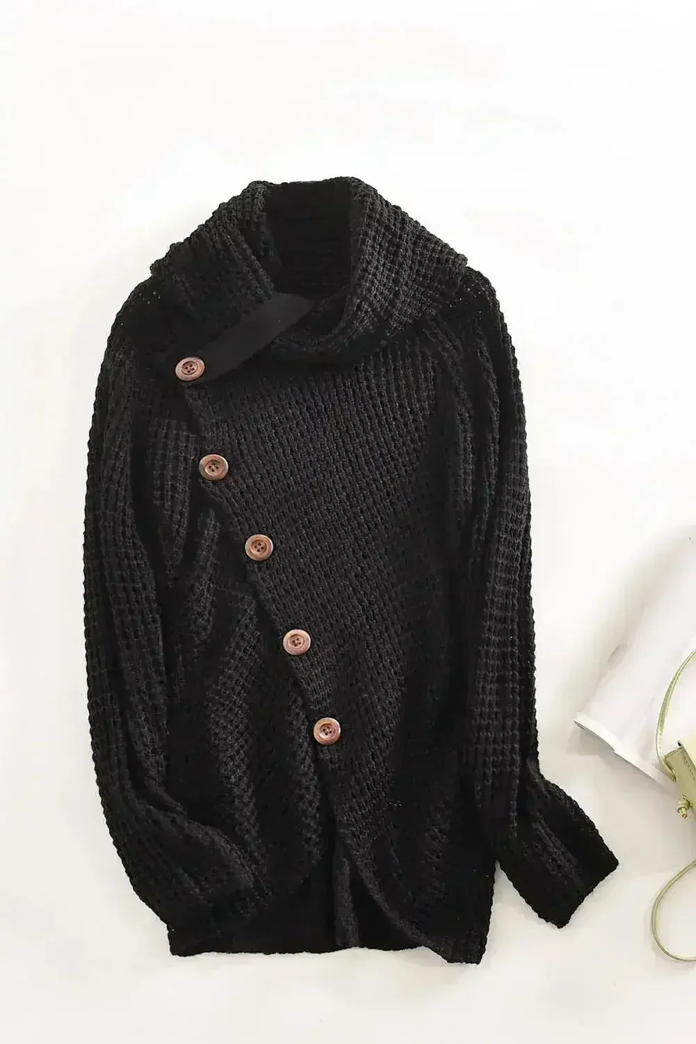 Black Buttoned Wrap Turtleneck Sweater - SJB-DIAMOND ELITES