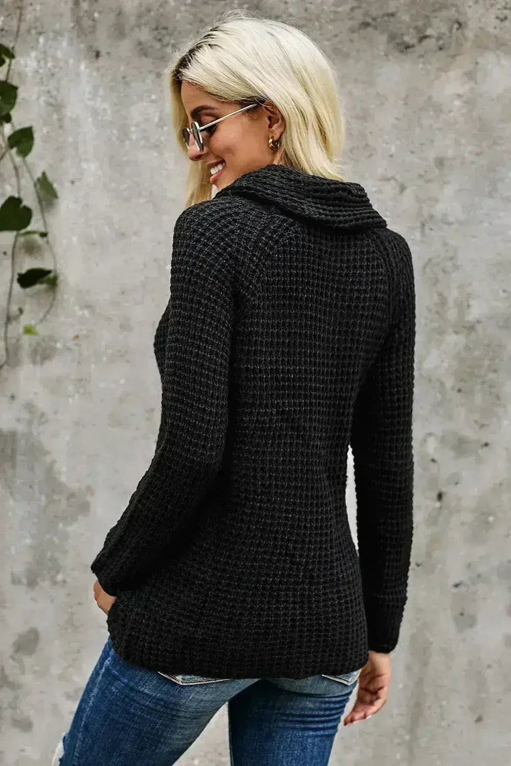 Black Buttoned Wrap Turtleneck Sweater - SJB-DIAMOND ELITES