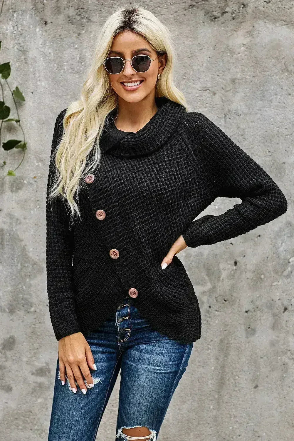 Black Buttoned Wrap Turtleneck Sweater - SJB-DIAMOND ELITES