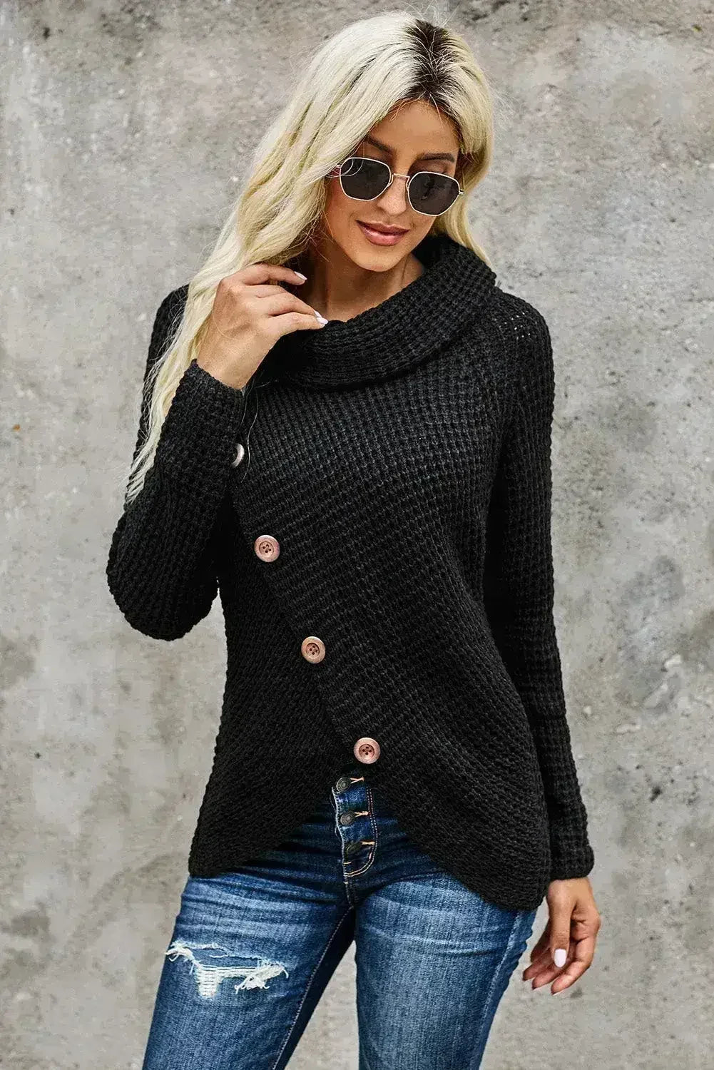 Black Buttoned Wrap Turtleneck Sweater - SJB-DIAMOND ELITES