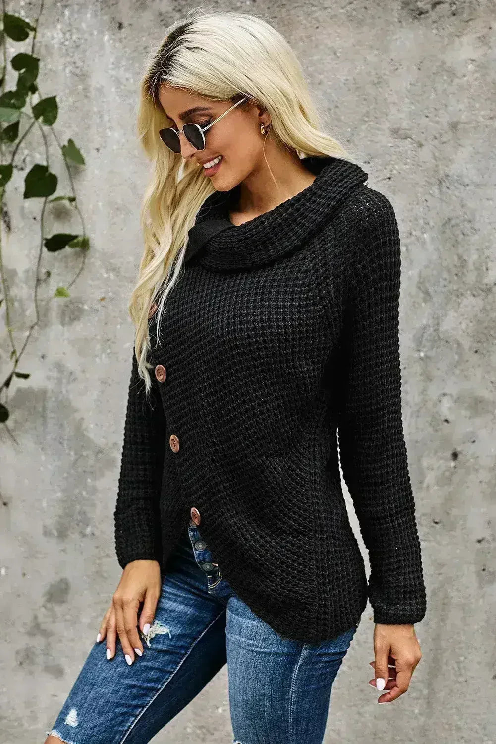 Black Buttoned Wrap Turtleneck Sweater - SJB-DIAMOND ELITES