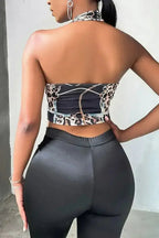 Black Chain Print Underbust Halter Neck Top – Trendy Cross Front Crop Top - SJB-DIAMOND ELITES