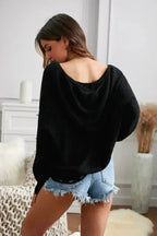 Black Zipper V-neck Dropped Sleeve Hooded Sweater - SJB-DIAMOND ELITES