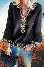 Black Boho Floral V Neck Long Sleeve Casual Top Blouses - SJB-DIAMOND ELITES
