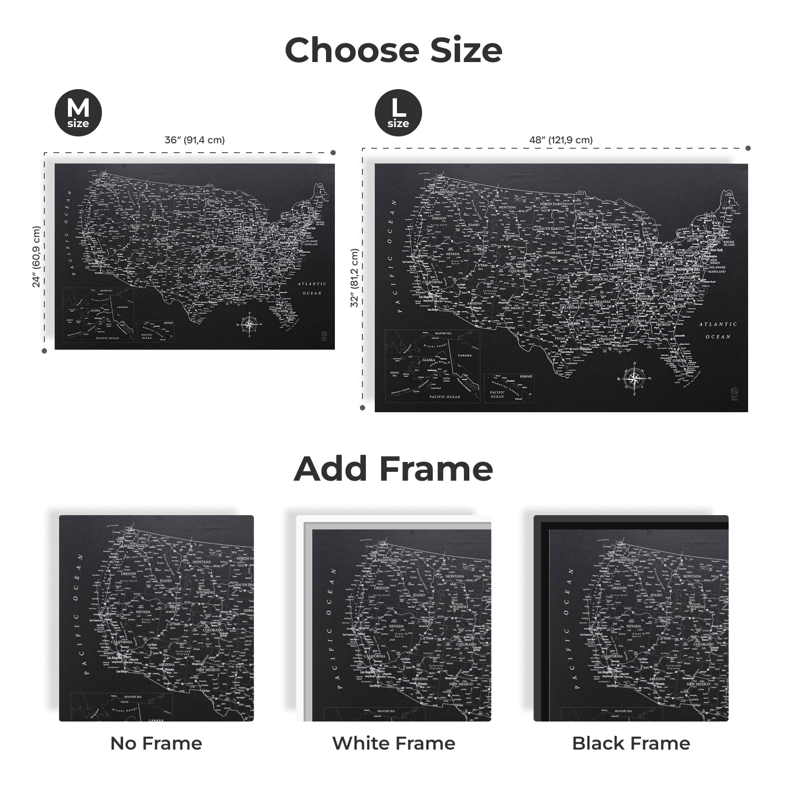 Wooden Canvas USA Map - Black