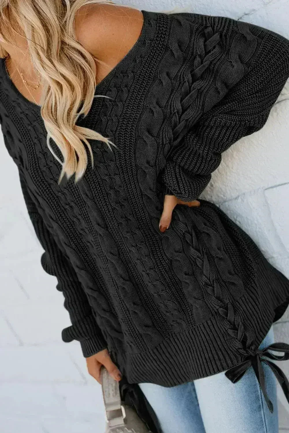 Black Love Letters Lace Up Cable Knit Sweater - SJB-DIAMOND ELITES