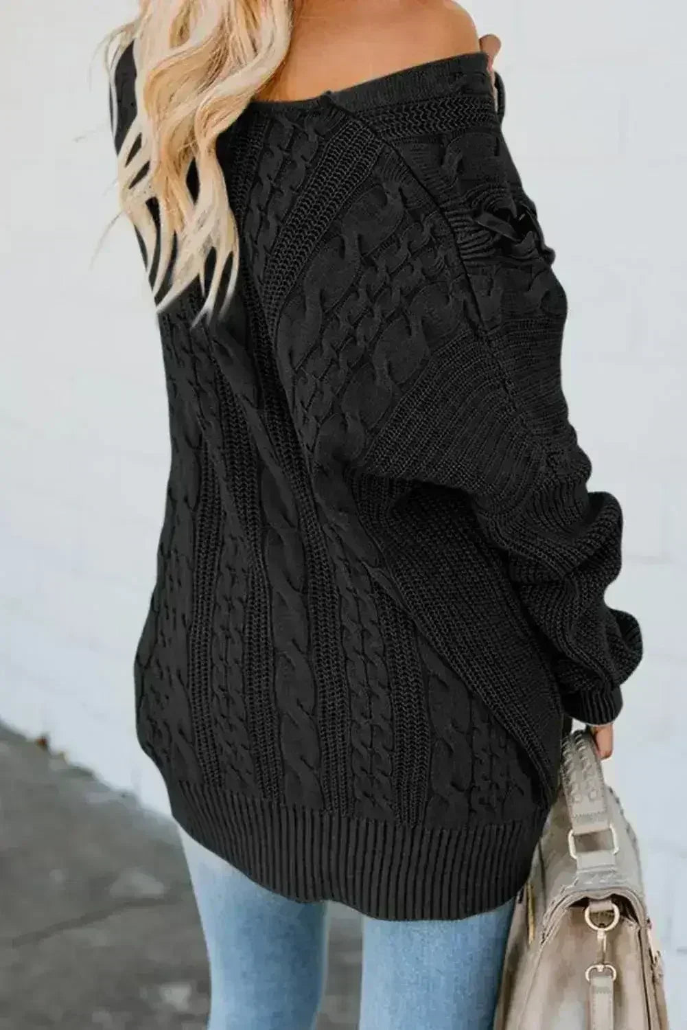 Black Love Letters Lace Up Cable Knit Sweater - SJB-DIAMOND ELITES